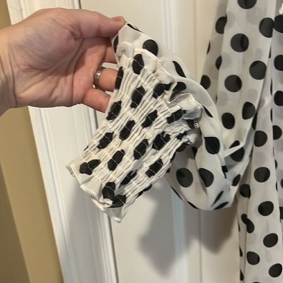 New Sheer Polka Dot Blouse with White Collar and Ruched sleeves - Picture 3 of 6